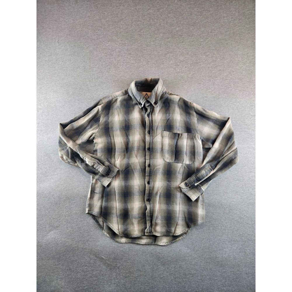 VTG UNIF Men's Small Plaid Flannel Chambray Blue & Beige‎ Button Up Grunge Woods